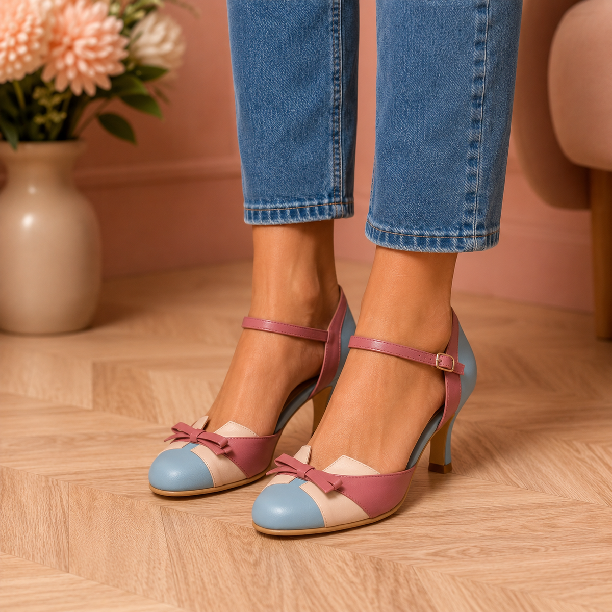 Elara | Bow Heels – Colorblock Pointed Pumps