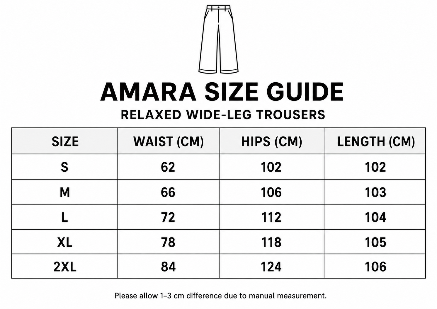 Amara | Relaxed Wide-Leg Trousers size chart