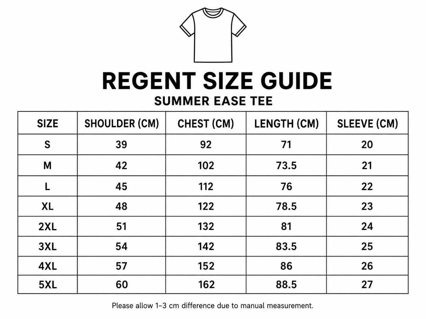 Regent | Summer Ease Tee size chart