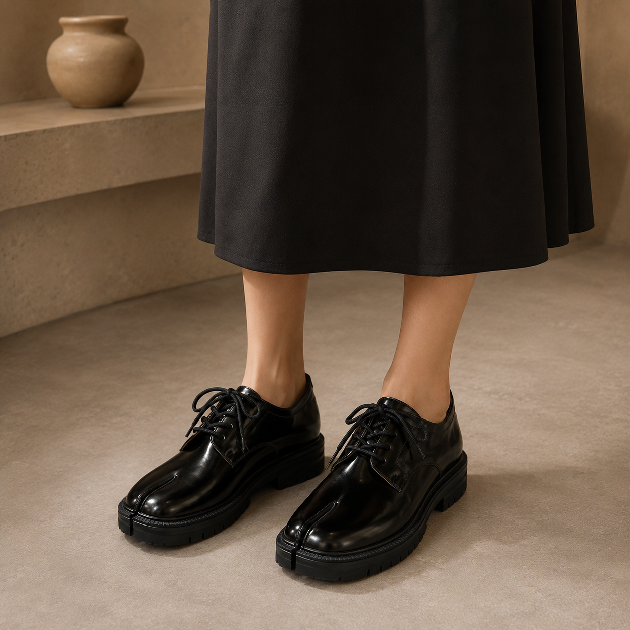 Black split-toe leather flats styled with a black midi skirt